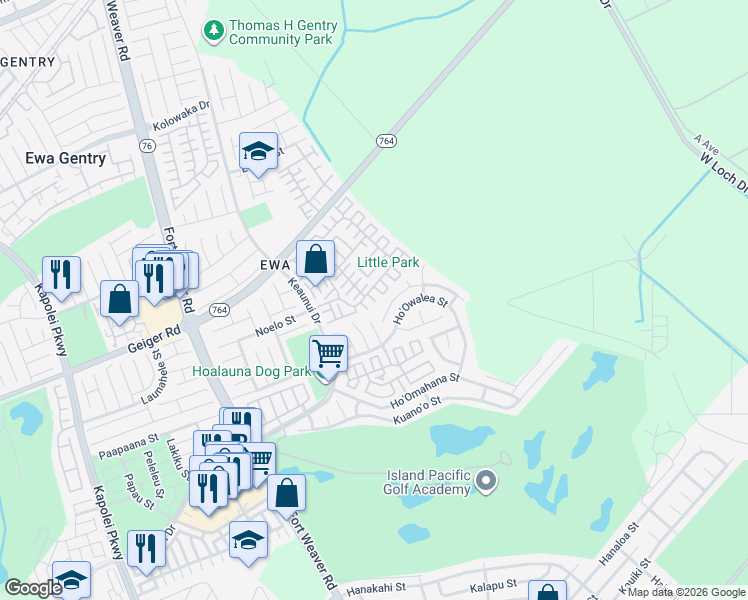 map of restaurants, bars, coffee shops, grocery stores, and more near 91-1030 Ho'oka'ahea Street in Ewa Beach