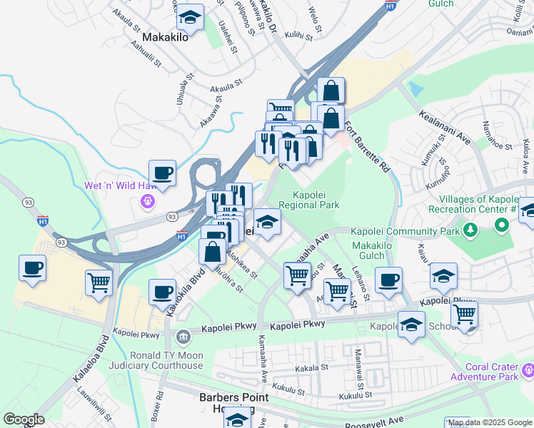 map of restaurants, bars, coffee shops, grocery stores, and more near 1001 Kamokila Boulevard in Kapolei
