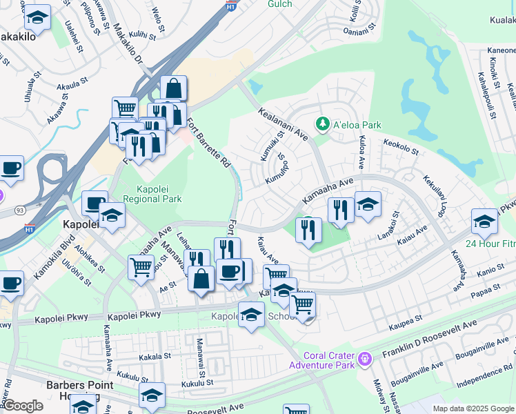 map of restaurants, bars, coffee shops, grocery stores, and more near 97 Kaana Street in Kapolei