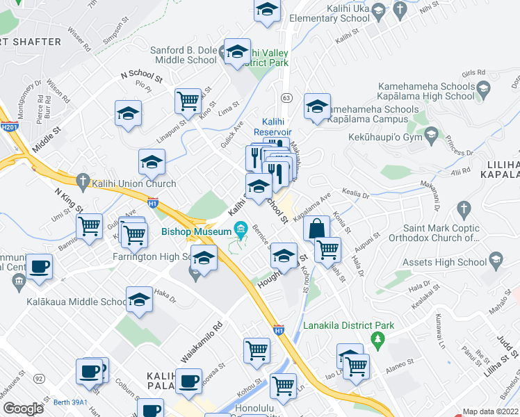 map of restaurants, bars, coffee shops, grocery stores, and more near 1640 Bernice Street in Honolulu