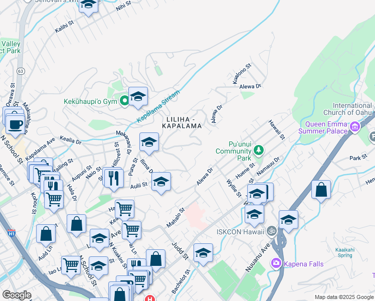 map of restaurants, bars, coffee shops, grocery stores, and more near 1156 Alewa Drive in Honolulu