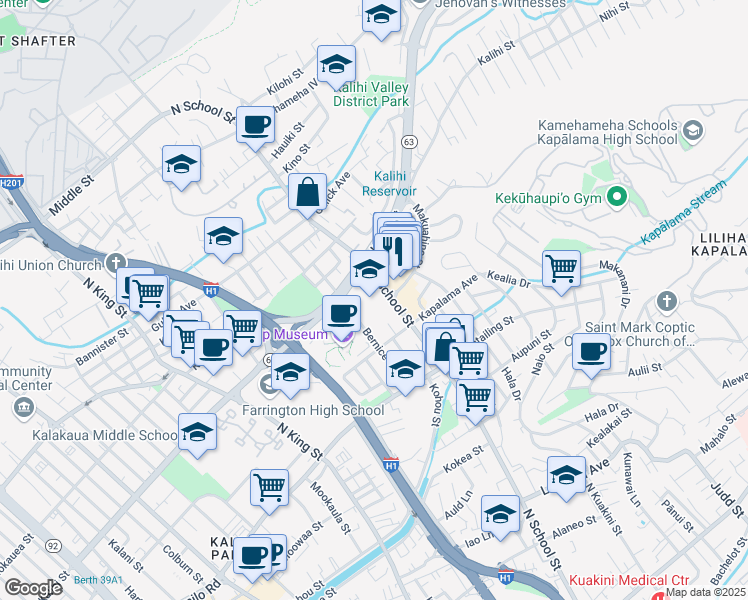 map of restaurants, bars, coffee shops, grocery stores, and more near 1640 Bernice Street in Honolulu
