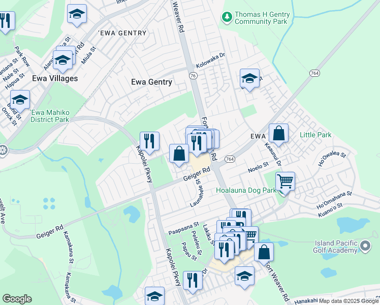 map of restaurants, bars, coffee shops, grocery stores, and more near 91-207 Hanapouli Circle in Ewa Beach