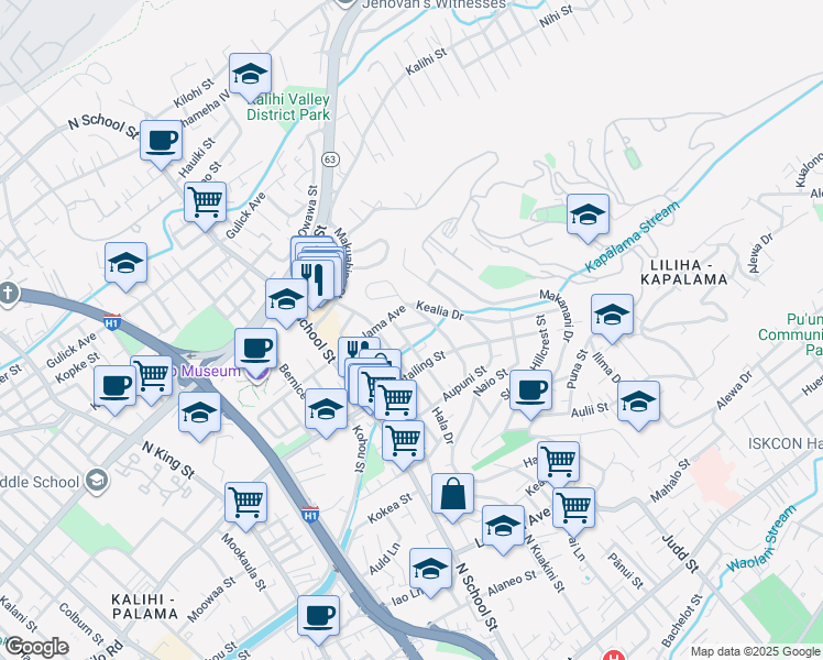 map of restaurants, bars, coffee shops, grocery stores, and more near 1428 Konia Street in Honolulu