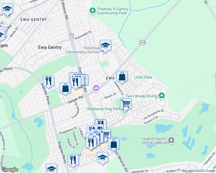 map of restaurants, bars, coffee shops, grocery stores, and more near 91-306 Kauoha Place in Ewa Beach