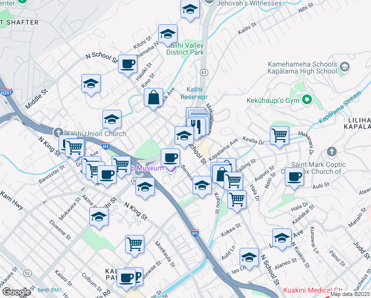 map of restaurants, bars, coffee shops, grocery stores, and more near 1601 North School Street in Honolulu