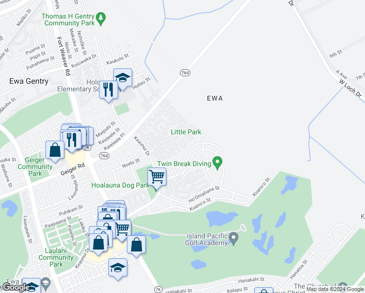 map of restaurants, bars, coffee shops, grocery stores, and more near 91-580 Makalea Street in Ewa Beach