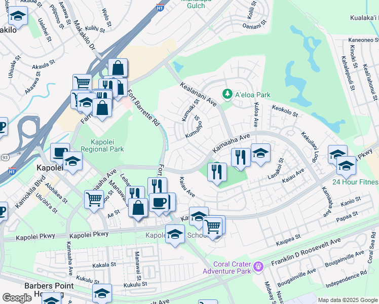 map of restaurants, bars, coffee shops, grocery stores, and more near 91-1035 Holi Street in Kapolei