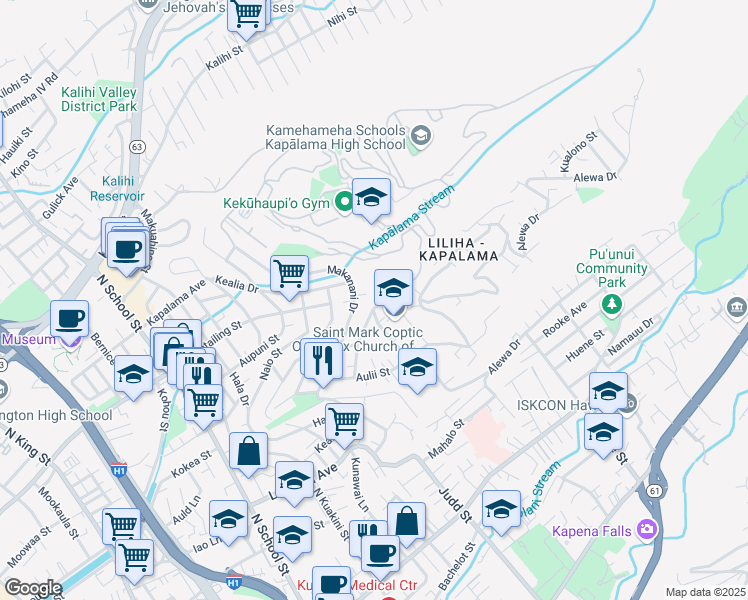 map of restaurants, bars, coffee shops, grocery stores, and more near 1078 Ilima Drive in Honolulu