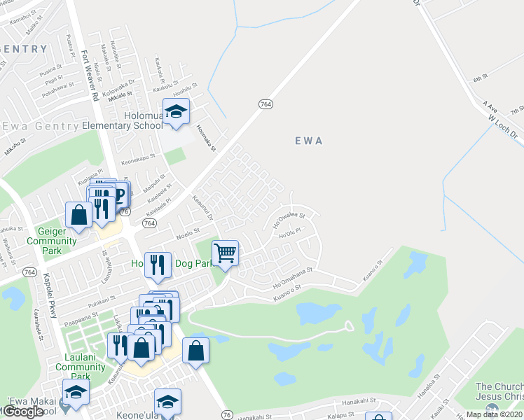 map of restaurants, bars, coffee shops, grocery stores, and more near 91-1030 Ho'oka'ahea Street in Ewa Beach
