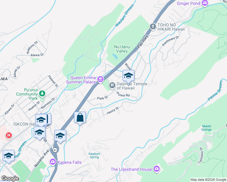 map of restaurants, bars, coffee shops, grocery stores, and more near 3610 Park Street in Honolulu