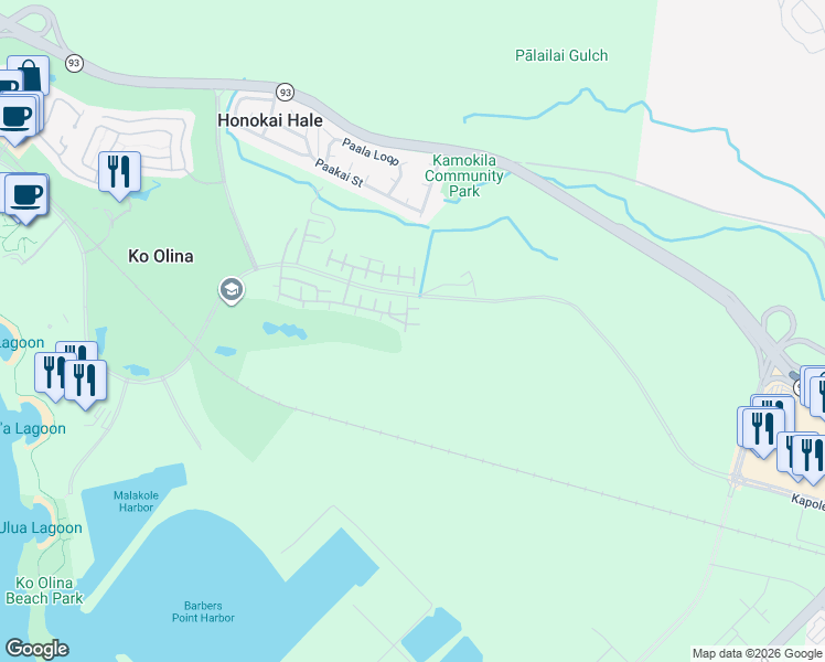 map of restaurants, bars, coffee shops, grocery stores, and more near 92-1543 Ali'inui Drive in Kapolei