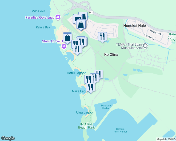 map of restaurants, bars, coffee shops, grocery stores, and more near 92-104 Waialii Place in Kapolei