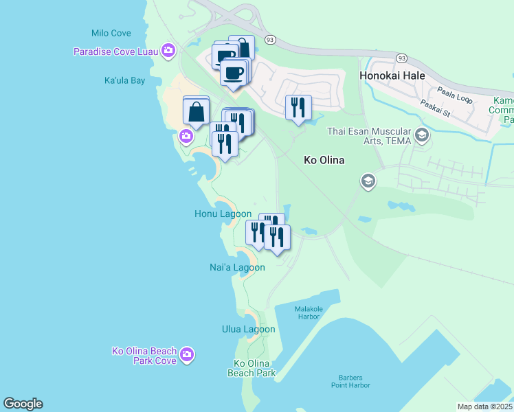 map of restaurants, bars, coffee shops, grocery stores, and more near 92-106 Waialii Place in Kapolei