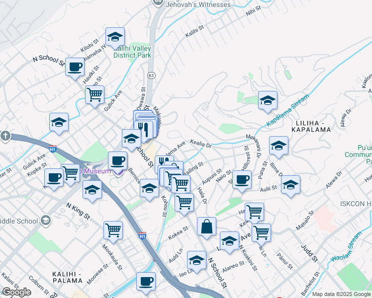 map of restaurants, bars, coffee shops, grocery stores, and more near 1428 Konia Street in Honolulu