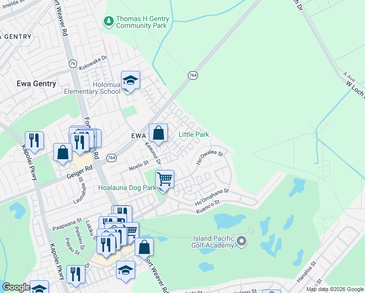 map of restaurants, bars, coffee shops, grocery stores, and more near 91-1848 Luahoana Street in Ewa Beach