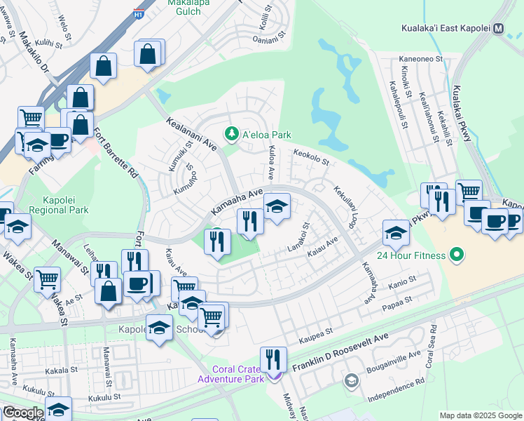 map of restaurants, bars, coffee shops, grocery stores, and more near 91-1122 Kamaaha Loop in Kapolei