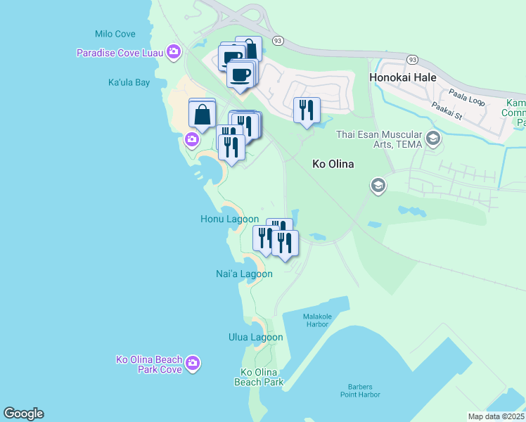 map of restaurants, bars, coffee shops, grocery stores, and more near 92-106 Waialii Place in Kapolei