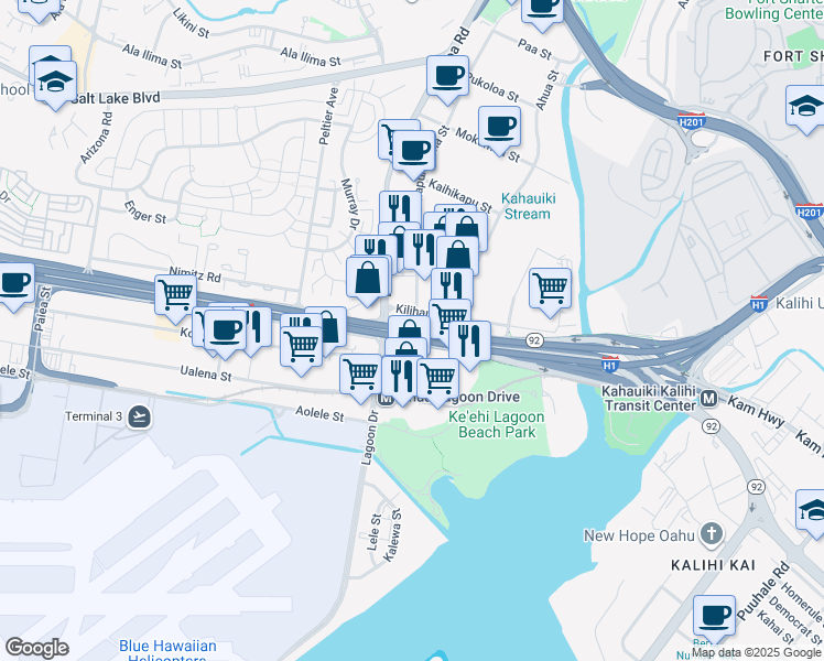 map of restaurants, bars, coffee shops, grocery stores, and more near Queen Liliuokalani Freeway in Honolulu
