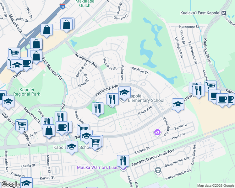 map of restaurants, bars, coffee shops, grocery stores, and more near 91-1122 Kamaaha Loop in Kapolei