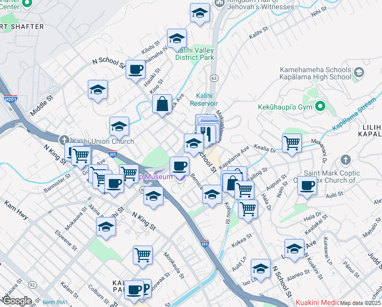 map of restaurants, bars, coffee shops, grocery stores, and more near 1601 North School Street in Honolulu