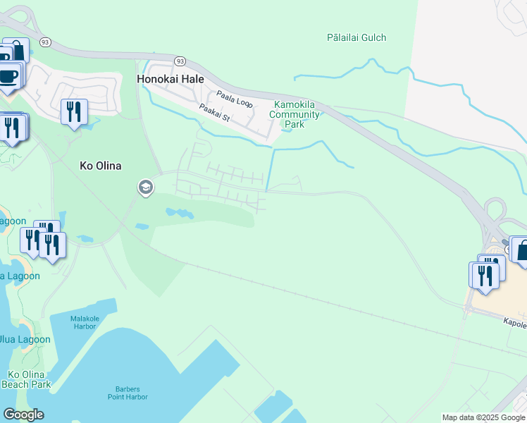 map of restaurants, bars, coffee shops, grocery stores, and more near 92-1543 Aliinui Drive in Kapolei