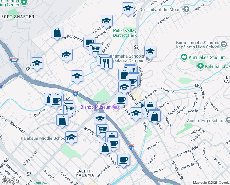 map of restaurants, bars, coffee shops, grocery stores, and more near 1525 Adelaide Street in Honolulu