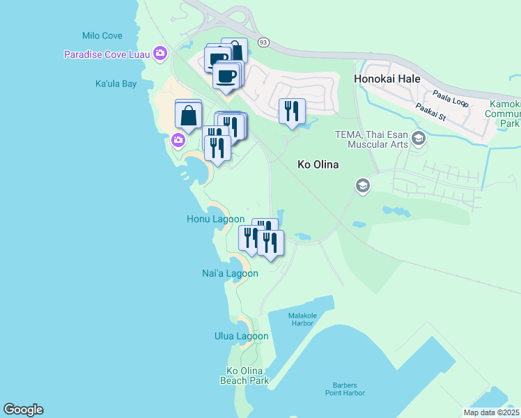 map of restaurants, bars, coffee shops, grocery stores, and more near 92-104 Waialii Place in Kapolei