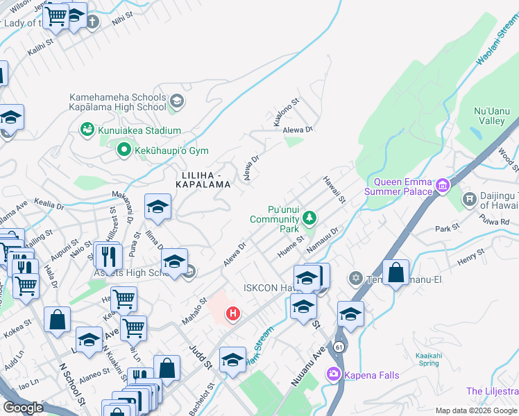 map of restaurants, bars, coffee shops, grocery stores, and more near 1446 Alewa Drive in Honolulu