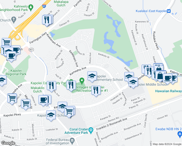 map of restaurants, bars, coffee shops, grocery stores, and more near 91-1155 Kamaaha Loop in Kapolei
