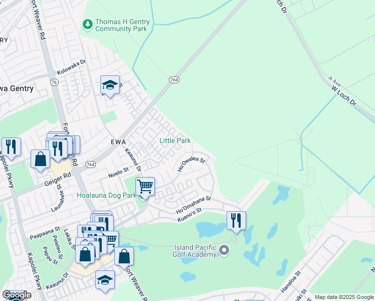 map of restaurants, bars, coffee shops, grocery stores, and more near 91-201 Ho'oka'ahea Place in Ewa Beach