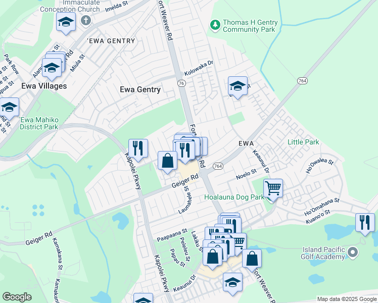 map of restaurants, bars, coffee shops, grocery stores, and more near 91 Polea Street in Ewa Beach