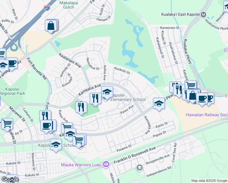 map of restaurants, bars, coffee shops, grocery stores, and more near 91-1131 Kamaaha Loop in Kapolei