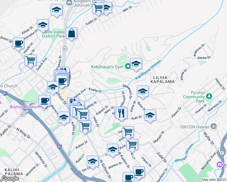 map of restaurants, bars, coffee shops, grocery stores, and more near 2324 Makanani Drive in Honolulu