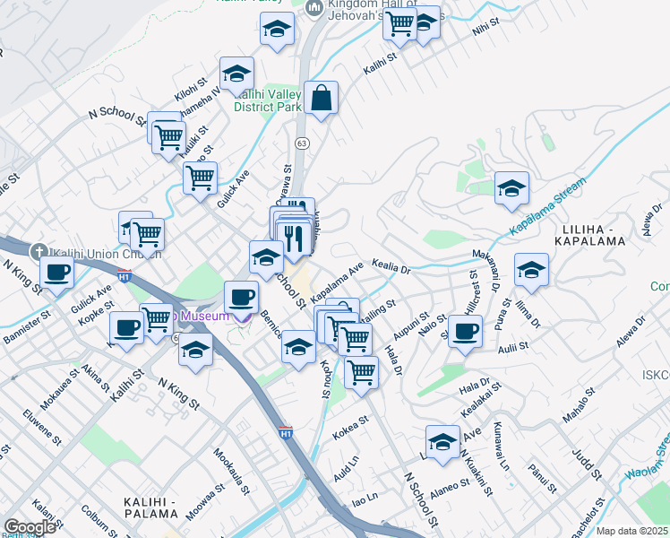 map of restaurants, bars, coffee shops, grocery stores, and more near 1605A Hanai Loop in Honolulu