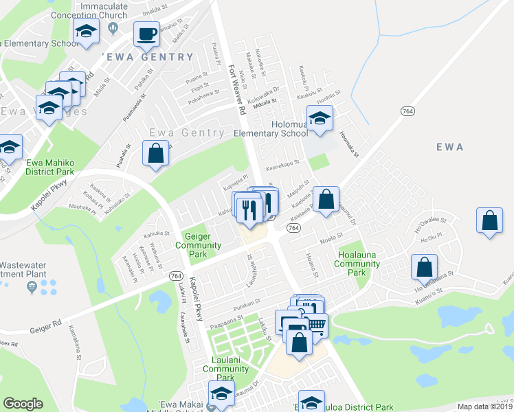 map of restaurants, bars, coffee shops, grocery stores, and more near 91-1492 Kuhia Place in Ewa Beach