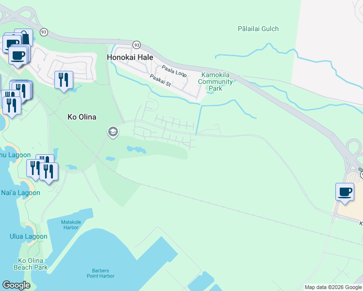 map of restaurants, bars, coffee shops, grocery stores, and more near 92-1531 Ali'inui Drive in Kapolei