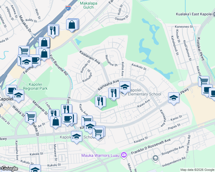 map of restaurants, bars, coffee shops, grocery stores, and more near 91-1001 Makahani Street in Kapolei