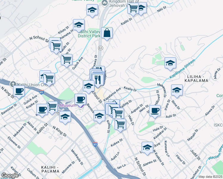 map of restaurants, bars, coffee shops, grocery stores, and more near 1605A Hanai Loop in Honolulu