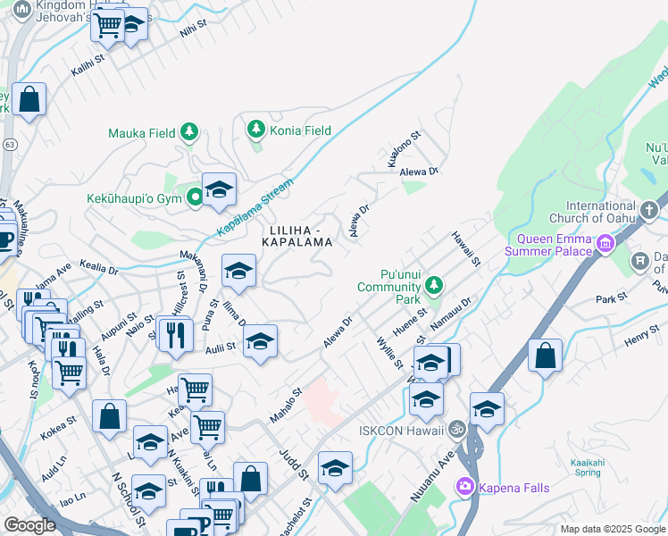map of restaurants, bars, coffee shops, grocery stores, and more near 1370 Alewa Drive in Honolulu
