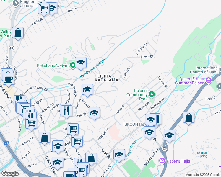 map of restaurants, bars, coffee shops, grocery stores, and more near 1389 Alewa Drive in Honolulu
