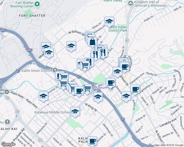 map of restaurants, bars, coffee shops, grocery stores, and more near 2013 Uhu Street in Honolulu