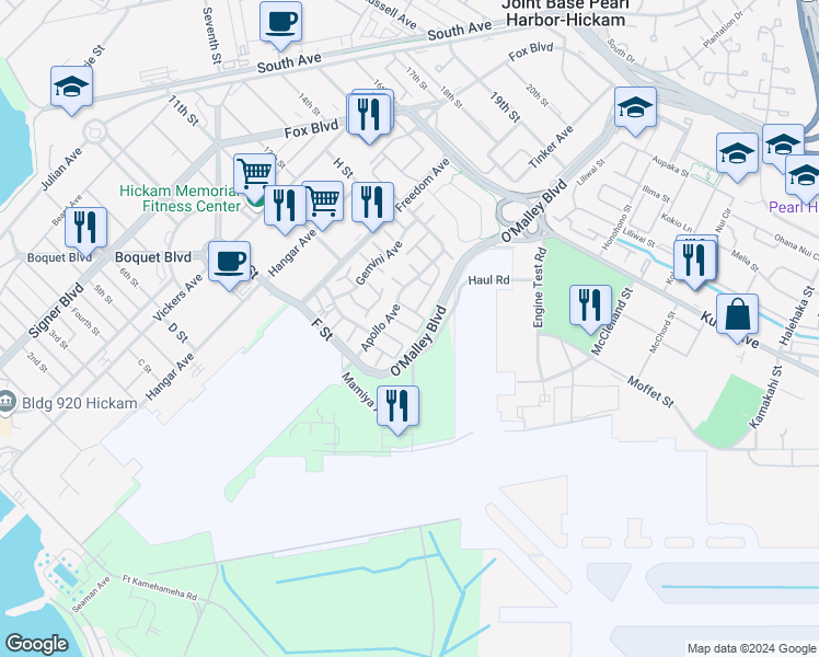 map of restaurants, bars, coffee shops, grocery stores, and more near 372 Lewahana Loop in Honolulu
