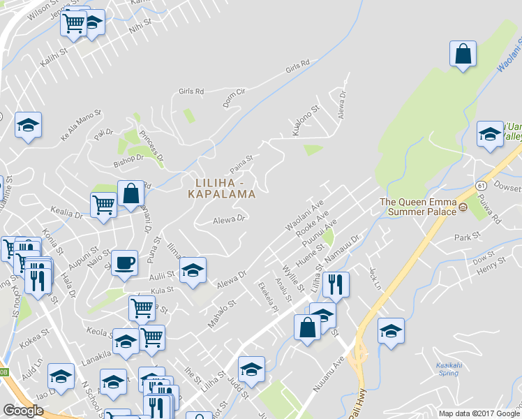 map of restaurants, bars, coffee shops, grocery stores, and more near 1332 Alewa Drive in Honolulu