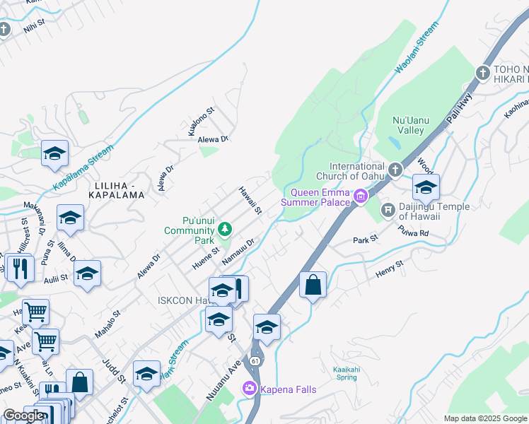 map of restaurants, bars, coffee shops, grocery stores, and more near 2714 Liliha Street in Honolulu