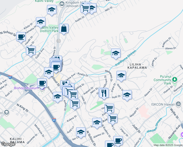 map of restaurants, bars, coffee shops, grocery stores, and more near 2324 Makanani Drive in Honolulu