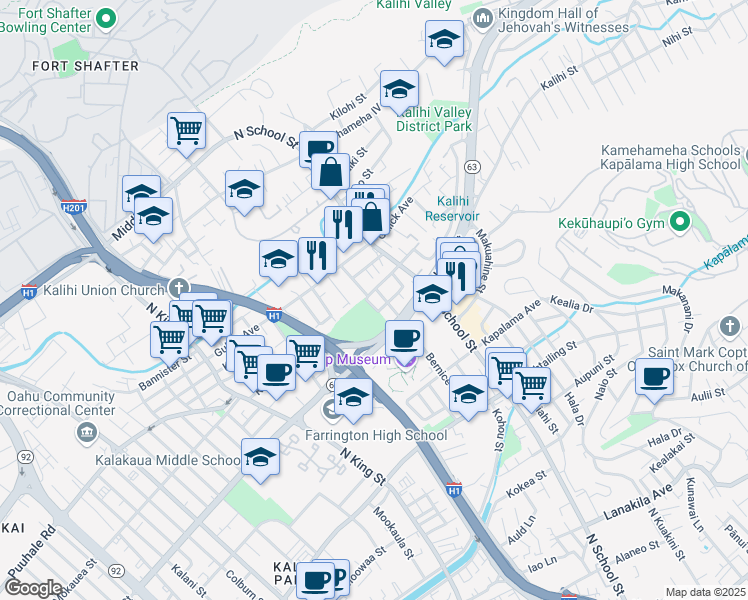 map of restaurants, bars, coffee shops, grocery stores, and more near 1441 Leilani Street in Honolulu