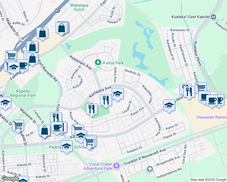 map of restaurants, bars, coffee shops, grocery stores, and more near 91-1259 Kamaaha Avenue in Kapolei