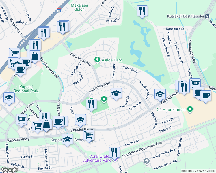 map of restaurants, bars, coffee shops, grocery stores, and more near 91-1253 Kamaaha Avenue in Kapolei