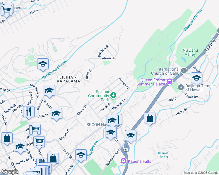 map of restaurants, bars, coffee shops, grocery stores, and more near 2601 Waolani Avenue in Honolulu